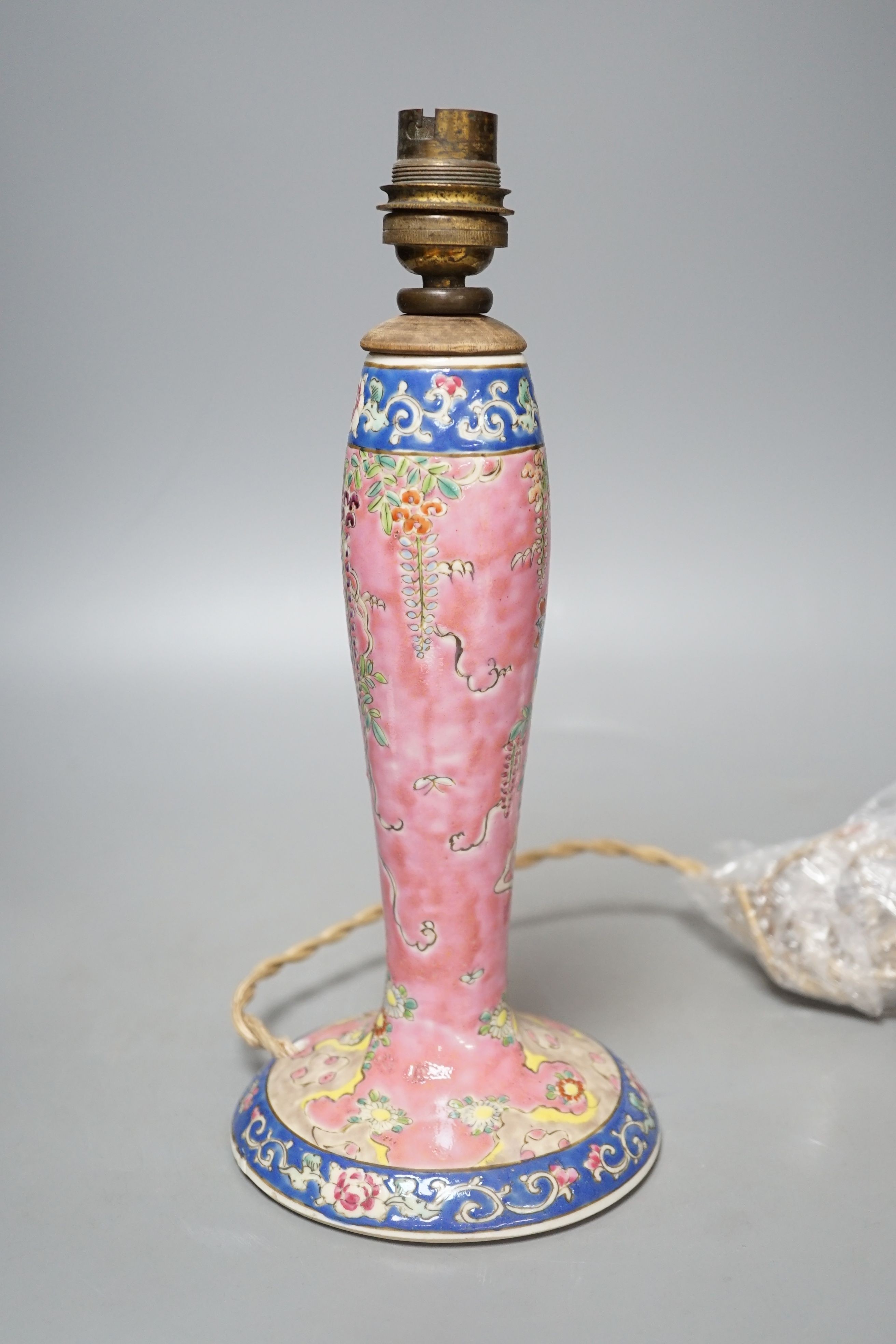 A Chinese Straits style pink ground lamp base - 27.5cm tall